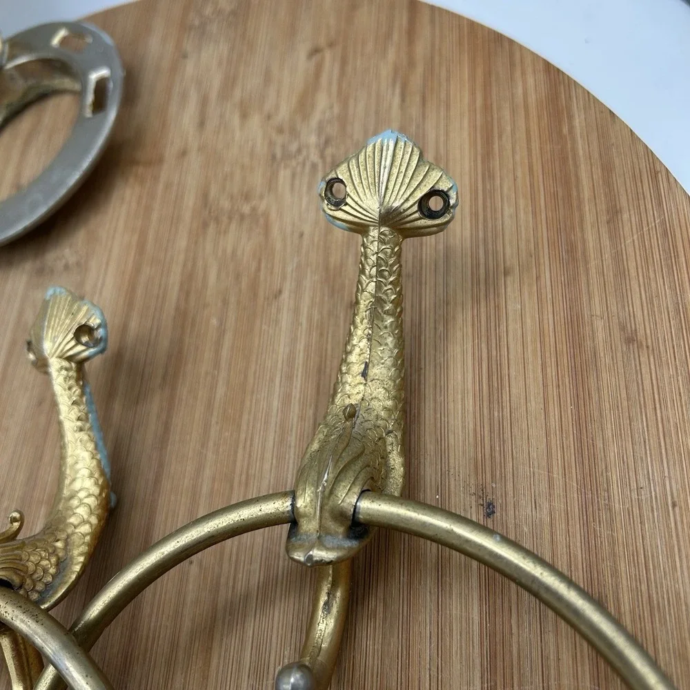 Vtg BRASS‎ Koi Fish (4) Wall Mount Towel Racks, Tissue Set & Tooth Brush/cup